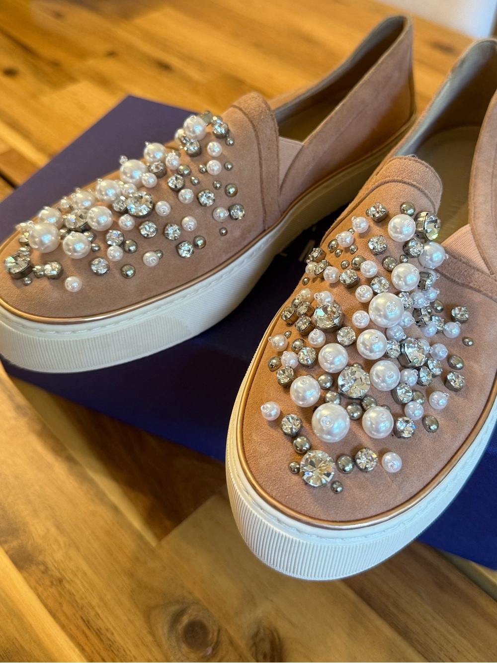 Stuart Weitzman Blush Pearl & Crystal Slip-On Sneakers